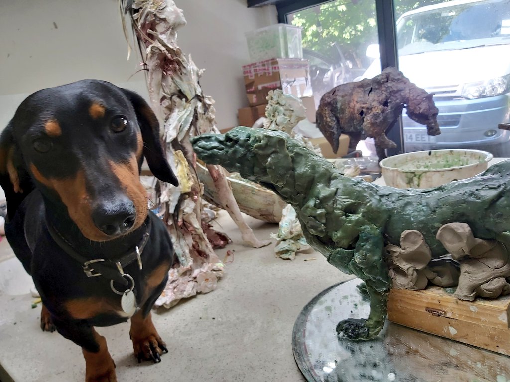 emmarodgersart's tweet photo. Have been working  on wax  dog inspired by @RileyArchive drawings and help by my studio Dachshund... please ignore the green! When cast in bronze will be peeing on my #salfordfirsts #Salford sculpture. https://t.co/4KzRejCuF1