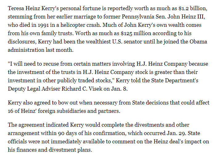 It's good when your $49 stocks sell for $72 in an acquisition...Of course selling the stock could also free Kerry from requirements to recuse himself on issues that affect Heinz subsidiaries overseas!  https://www.politico.com/story/2013/02/heinz-buyout-john-kerrys-portfolio-could-grow-with-mega-deal-087671