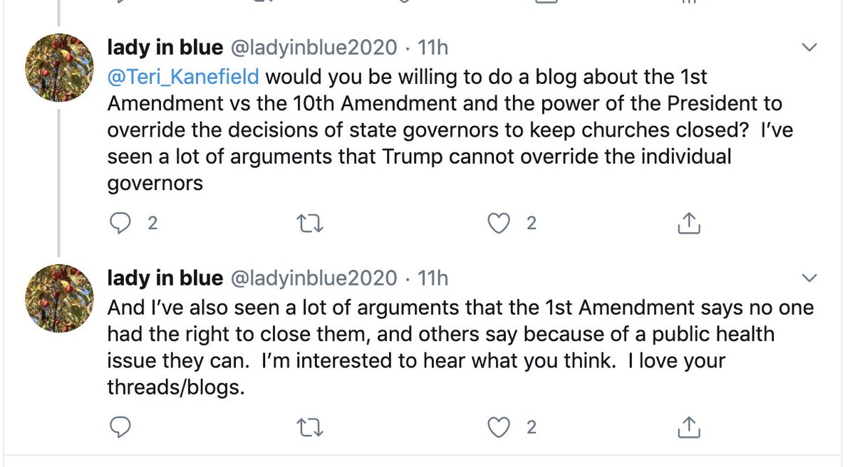 (Thread) The Trump-GOP Corruption Machine @ladyinblue2020 has a few legal questionsI’ll answer them. For me, though, the real questions are why Trump is trying to cause so much trouble and what he hopes to accomplish. Q: Can Trump override the governors?A: No.