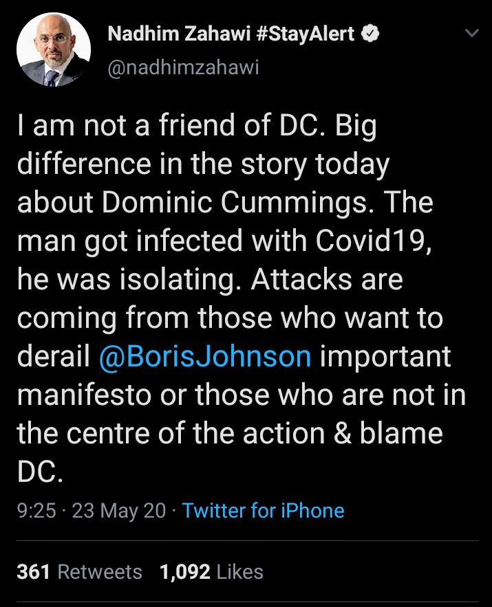 Nadhim Zahawi seems not to remember the clear guidance to self isolate AT HOME if you have the virus. Driving 250 miles to Durham is not self isolation. #DominicCummingsMustGo  #SackDominicCummings  #SackCummings  #DominicGoings #CummingsGoings  #CummingsMustGo