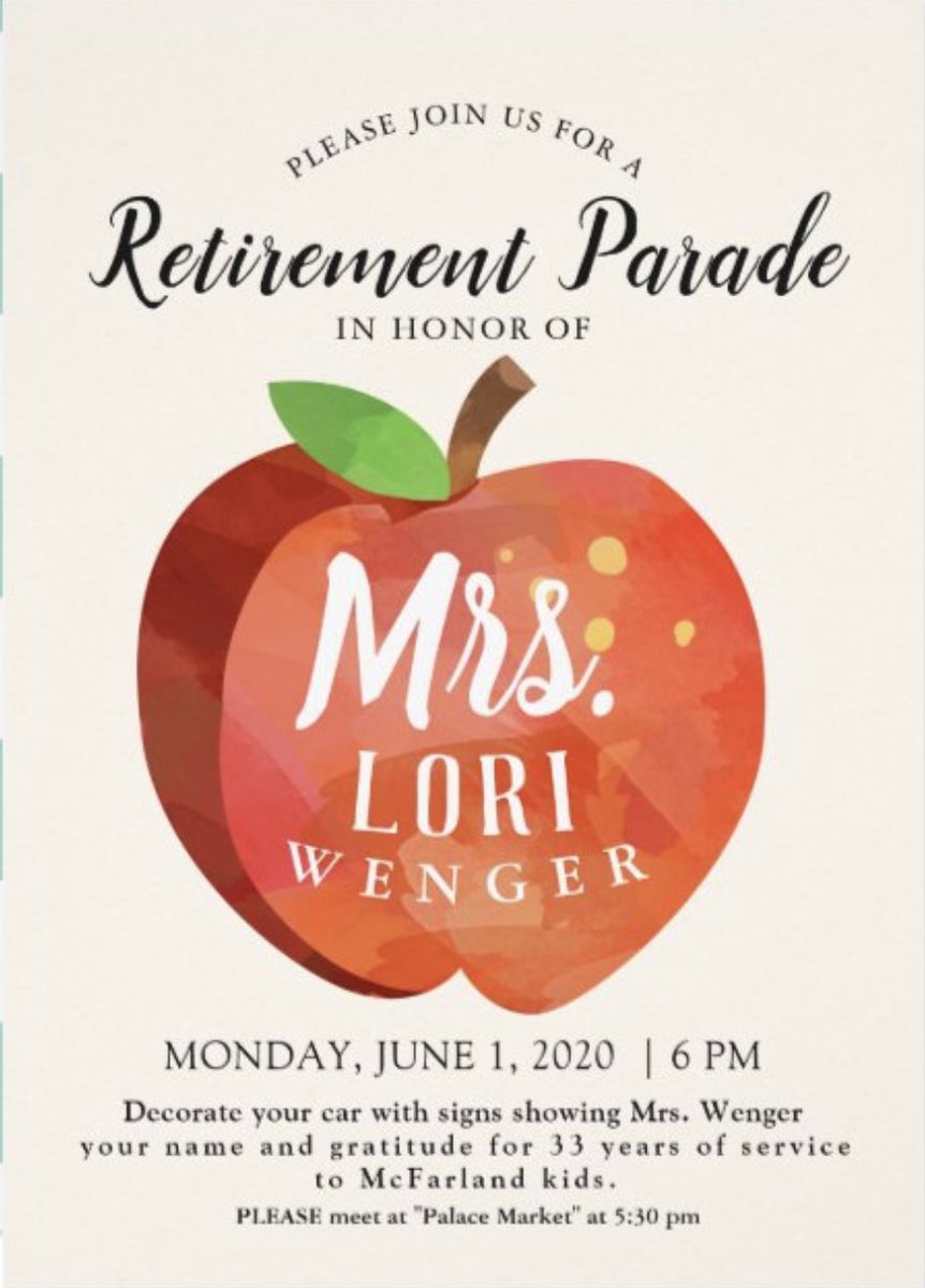 Please spread the word!!!! Mrs. Wenger is retiring and Kern Ave. wants to celebrate her. But, SHHHH!! Let’s surprise her. <a href="/McFarland_USD/">McFarland Unified SD</a> <a href="/KernAve_Bobcats/">Kern Ave Elementary</a> <a href="/YeseniaEGalvez/">Yesenia Galvez</a> <a href="/Horizon_Jaguars/">Horizon Elementary School</a> @BrowningRoad @EstherAlvRod <a href="/YeseniaEGalvez/">Yesenia Galvez</a> <a href="/mcfarland_asb/">McFarland ASB</a>