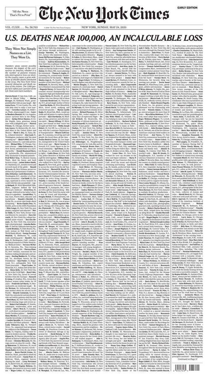 Sunday's entire  @nytimes front page is a partial list of Covid-19 victims. "The 1,000 people here reflect just 1% of the toll. None were mere numbers."
