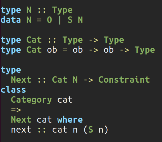 Iceland_jack's tweet photo. Here I'm using #FinallyTagless (what ever it's called) to model the free category
0 `cat` 1 `cat` 2 `cat` ..
v simple: class Category c => N c where n :: c n (S n)
and a set-valued functor (FunctorOf (ClassCat Next) (->) Interpret) is defined by
instance Next InterpetCat https://t.co/aCdj2aRrPf