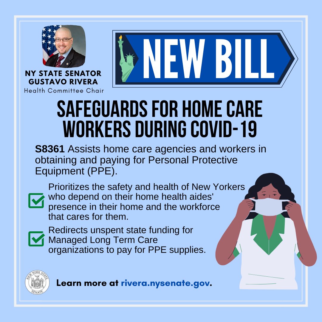 NYSenatorRivera's tweet photo. Home care workers make sure the most vulnerable patients stay healthy &amp; in their homes. Yet during #COVID19, many don’t have the PPE they need to protect themselves, patients, &amp; the public. My new bill redirects unspent state funds to pay for their PPE supplies. https://t.co/oCOjAk71TN