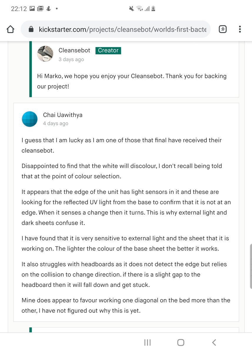 Early reports from some people who already received their CleanseBot suggest dark bed sheets confuse the sensors and the robot falls off the edge of the bed, or that it leaves marks on bed sheets  https://www.kickstarter.com/projects/cleansebot/worlds-first-bacteria-killing-robot/comments 18/n
