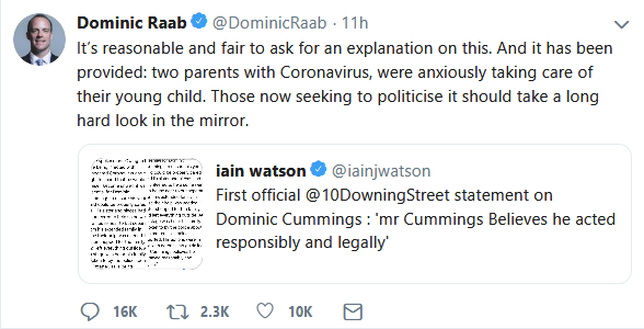 Let's keep a tally of which prominent Tories have lashed themselves to the Dominic Cummings mast in their attempt to defend the indefensible...1. Rishi Sunak (tweet)2. Michael Gove (tweet)3. Dominic Raab (tweet)4. Priti Patel (retweet of DR tweet)