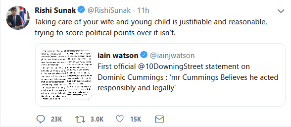 Let's keep a tally of which prominent Tories have lashed themselves to the Dominic Cummings mast in their attempt to defend the indefensible...1. Rishi Sunak (tweet)2. Michael Gove (tweet)3. Dominic Raab (tweet)4. Priti Patel (retweet of DR tweet)