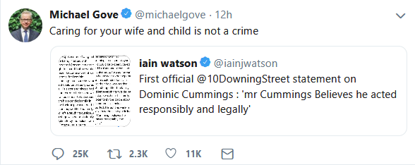 Let's keep a tally of which prominent Tories have lashed themselves to the Dominic Cummings mast in their attempt to defend the indefensible...1. Rishi Sunak (tweet)2. Michael Gove (tweet)3. Dominic Raab (tweet)4. Priti Patel (retweet of DR tweet)