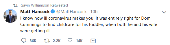 5. Matt Hancock (tweet)6. Alok Sharma (tweet)7. Gavin Williamson (retweet of MH tweet)8. Brandon Lewis (multiple tweets)