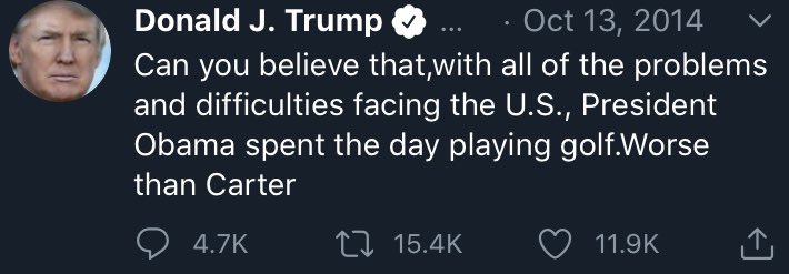 17/ Since Trump is golfing today as COVID-19 deaths in the US are over 96k, here is a Trump tweet on golfing. A good argument can be made that for Trump “Worse than any US President ever” is accurate.