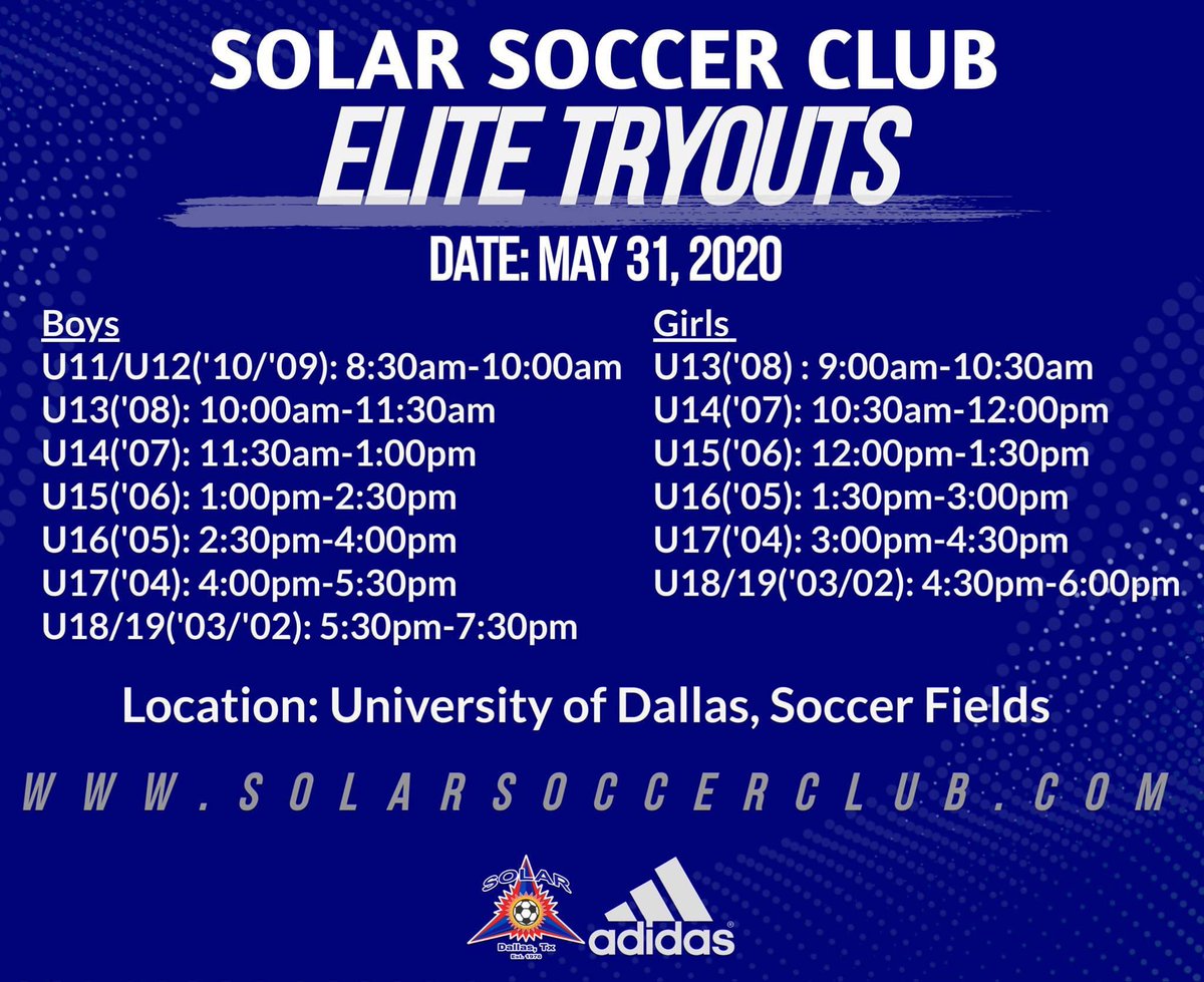 Solar_Soccer's tweet photo. Solar Elite Platform tryouts! Save the date May 31st!!!
Click the link to register. https://t.co/ueMuCLiAoE
#SolarNation #soccerisback #SolarElitePlatform #tryouts #May31st https://t.co/RAai4WAGub