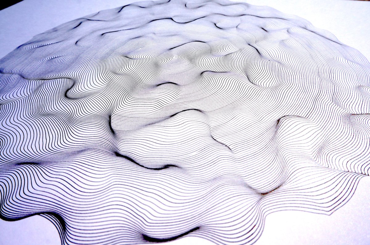 A new #plottertwitter piece. Archimedes spiral offset by a Perlin noise field (an original implementation, but not an original idea).