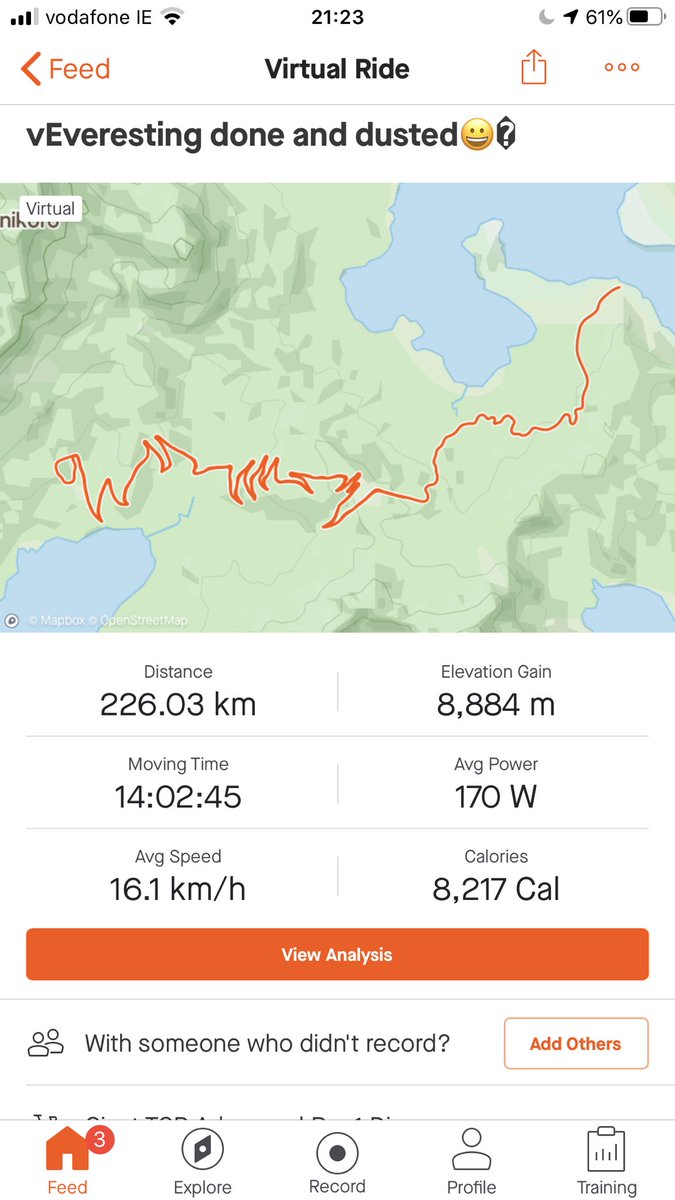 BandonCycling's tweet photo. Congrats to club member @Decfitzy70 on completing his vEveresting for @PietaHouse 226km, 8884m climbed and 14hours in the saddle. €3,500 raised so far but donations can still be made at https://t.co/Rd88j4TcN6 @C103Cork @bandon @irishexaminer https://t.co/IhjpFHhRwi