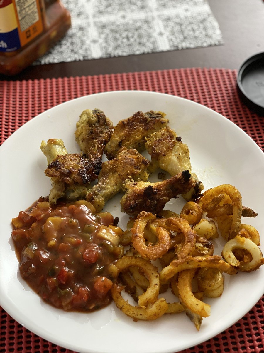 AudacityMagazin's tweet photo. I forgot to add the photo. Here are chicken wings with curly fries and mango salsa. #DisabledChef #AudacityMagazineChat #wheelchairUser https://t.co/iyjLqjTUeo