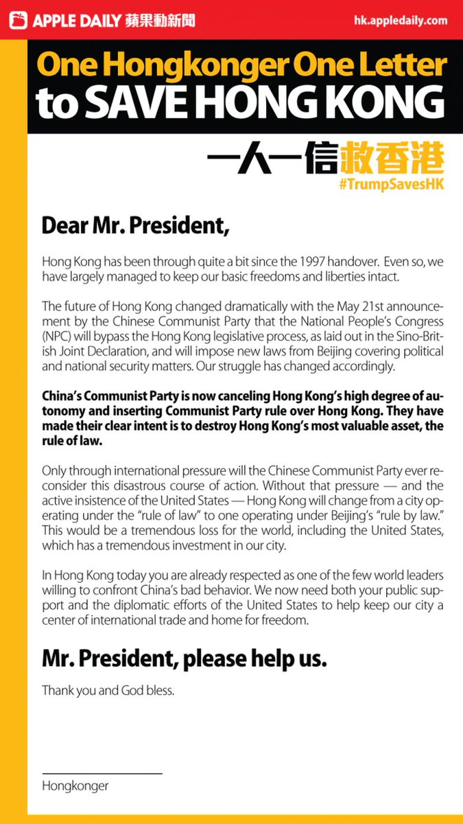 SolomonYue's tweet photo. .@realDonaldTrump, @VP, @SecPompeo, @HawleyMO, @SenRickScott, @TomCottonAR, @marcorubio Next time we hear from freedom loving🇭🇰ers via a letter like this, they'll be charged 4 "treason/secession/sedition/subversion" w/ potential death penalties.🇺🇸must stand w/🇭🇰people/fight back! https://t.co/SNT2yrtTLW