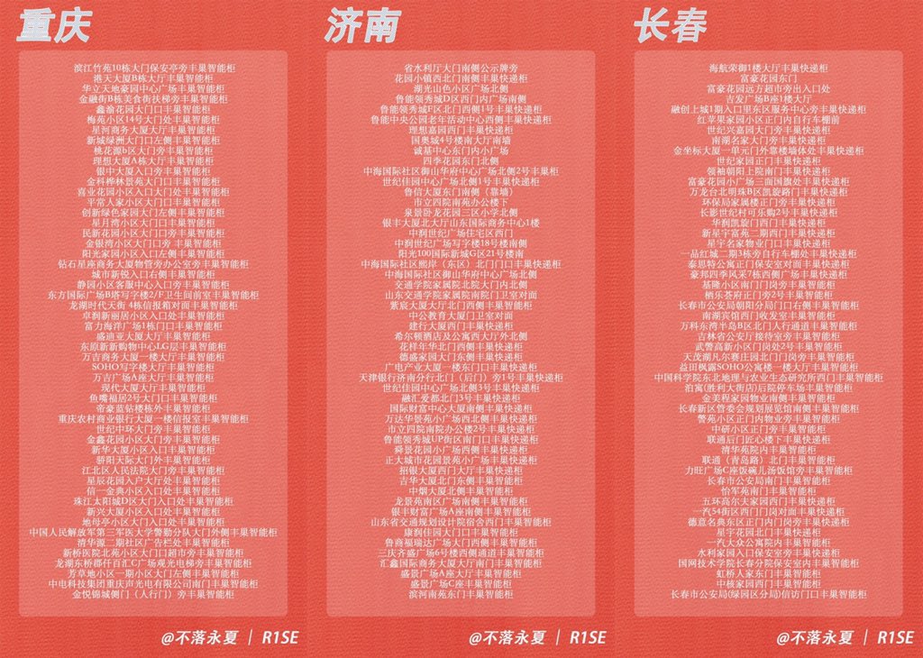 @ 不落永夏 | R1SE PART TWO (2)detailed locations of the displayshometowns: Chengdu, Hangzhou, Shenzhen, Hefei, Chongqing, Jinan, Songyuan (replaced with nearby Changchun as Songyuan has none available), Xiamen, Guangzhou+ Beijing, Shanghai0608