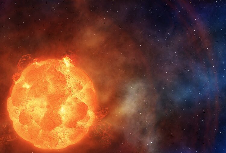 Betelgeuse : Cette étoile est une super géante rouge, tout comme Anteres. Elle n’en reste pas moins près de 2 fois plus grande qu’elle. À titre de comparaison, Betelgeuse est tellement grande que si on la mettait à la place de notre Soleil elle engloutirait la Terre.