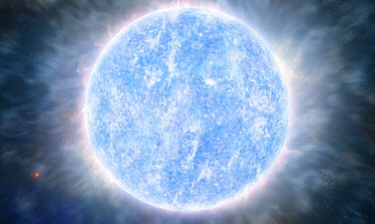 R136A1 : 10 fois plus petite que l’étoile du Pistolet, cette étoile émet par seconde 8 700 000 fois plus d’énergie que le Soleil. Elle est près de 315 fois plus massive que lui et sa température de surface est tellement élevée qu’elle nous apparaît de couleur bleue/violette.