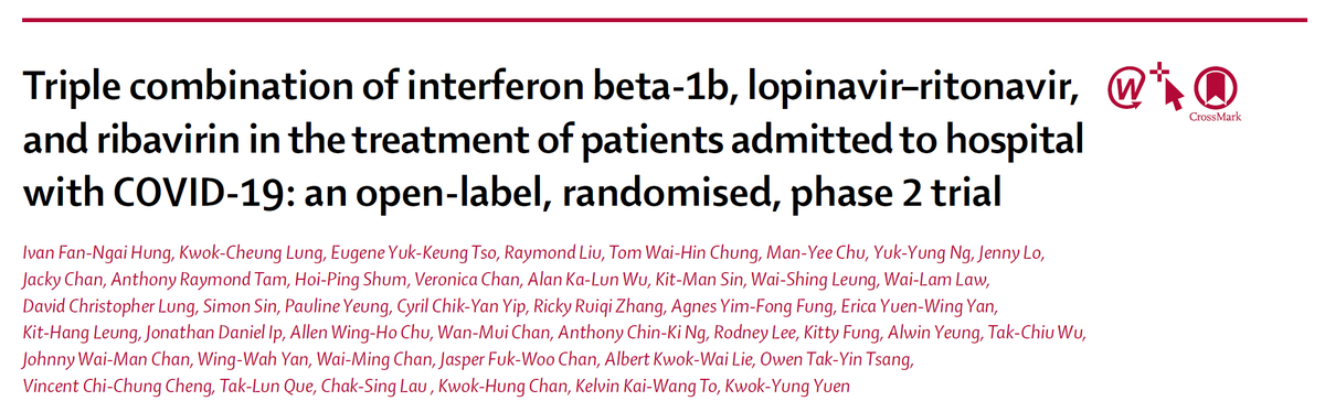 1/Should we use  #Lopinavir-ritonavir (LPV/r) +  #Ribavirin (RBV) +/-  #Interferon beta-1b (IFN) to treat  #SARSCoV2  #COVID19? Let’s take a look at the data.Here’s:  #HowIReadThisPaper on  @TheLancet trial of triple therapy for COVID19Hung et al:  https://www.thelancet.com/journals/lancet/article/PIIS0140-6736(20)31042-4/fulltext