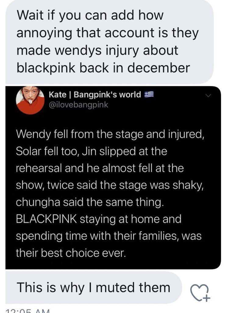 being insensitive about Wendy’s ( @RVsmtown ) injury, as well as involving blackpink while doing so
