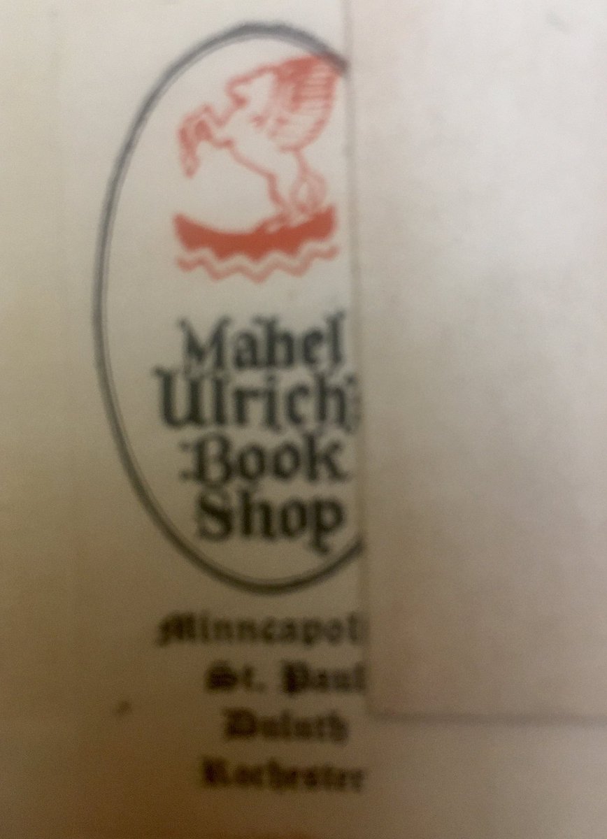 But there is another interesting thread. Partially blocked by the library card pocket inside the back cover is a label from a Mabel Ulrich Book Shop, locations in various Minnesota cities. 16/20