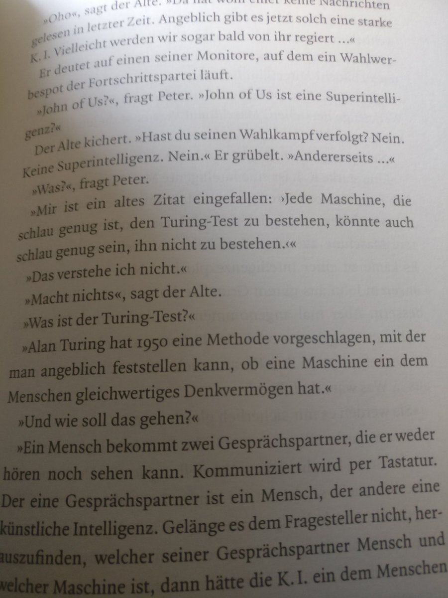 randomwalk's tweet photo. "Any machine, clever enough to pass the Turing test, could also be clever enough to not pass it." #Qualityland by Marc Uwe Kling #amreading https://t.co/dDSufTGIiN