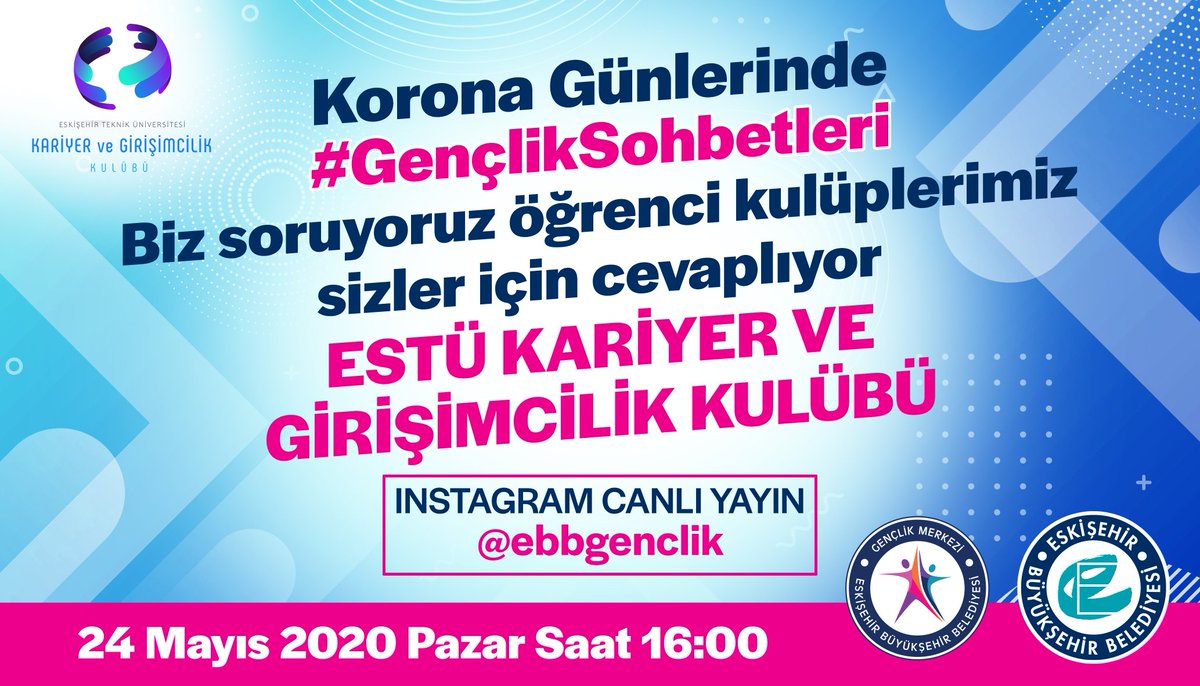Gençliğimiz Var!
Korona günlerinde #GençlikSohbetleri 'miz ile öğrenci kulüplerini  yakından  tanıyoruz. Bu sefer konuğumuz   Kariyer ve Girişimcilik kulübü <a href="/Estukgk/">Kariyer ve Girişimcilik Kulübü</a> oluyor. Görüşmek dileğiyle 🤗 #GençlikSohbetleri #ebbgençlik