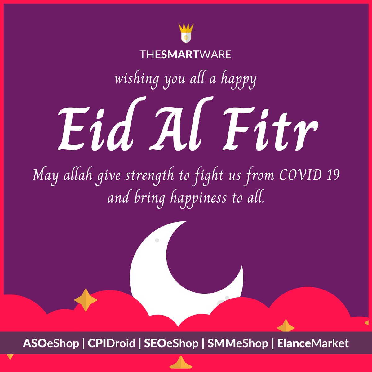 SmartXaaS's tweet image. The SmartWare, wishing you all a happy Eid Al Fitr.
May Allah give strength to fight us from COVID 19 and bring happiness to all.

Our Networks - @TheSmartWare @ASOeShop @CPIDroid @SEOeShop @SMMeShop @ElanceMarket
.
.
.
.
#EidMubarak #Ramadan #Eid  #EidAlFitr #TheSmartWare