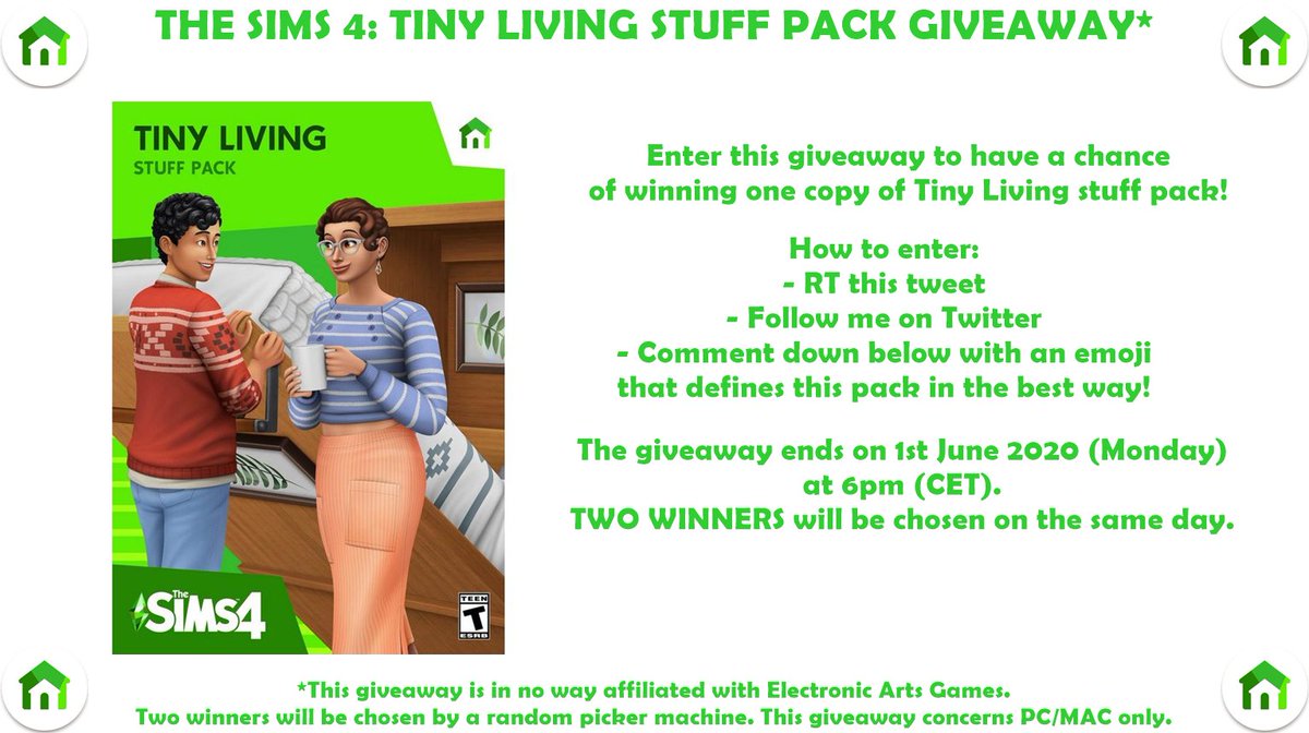 simshive's tweet image. 🚨THE SIMS 4: TINY LIVING STUFF PACK GIVEAWAY🚨

How to enter:
- RT this tweet
- Follow me on Twitter
- What emoji defines Tiny Living stuff pack in the best way? Comment down below!

The giveaway ends on 1st June 2020 at 6pm CET. 
There will be TWO WINNERS.

#TheSims #TheSims4