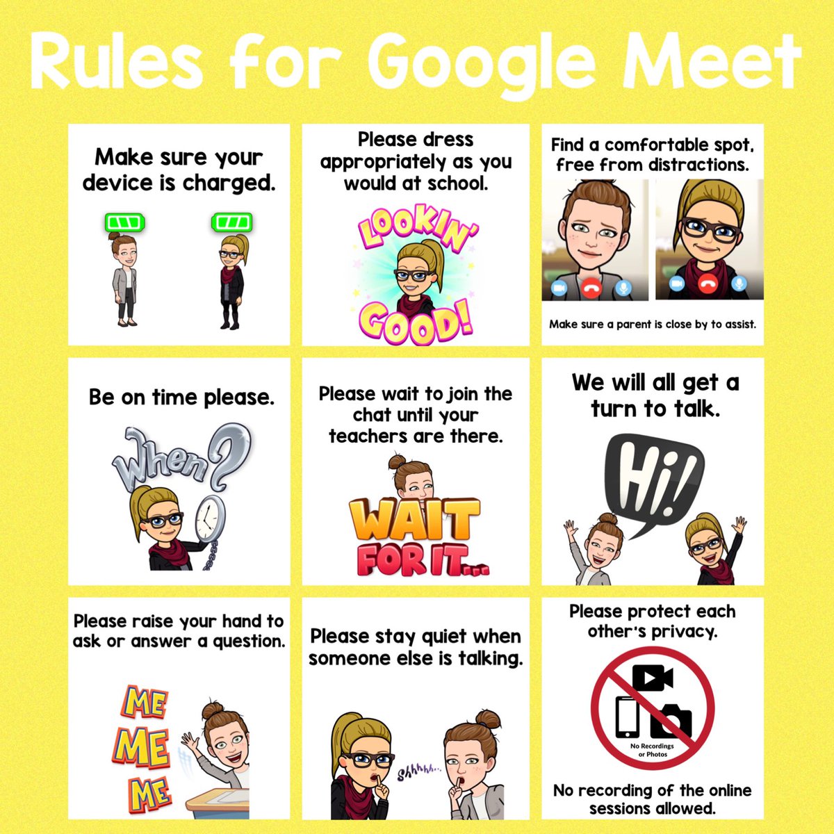 nicolesidlar's tweet photo. Sharing is caring! For any educator friends establishing ground rules for live learning, here is the poster we will post before each session to our students and families. Blank grid included for anyone wanting to use this format to create their own... https://t.co/rP0K6Xerj5