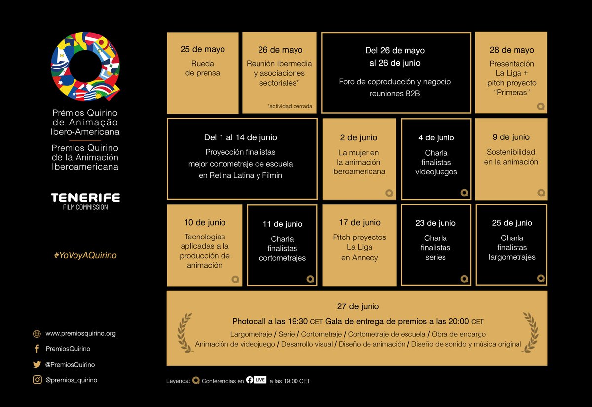 Consulta la programación completa del #MesQuirino!
Del 25 de mayo al 27 de junio la III edición de los <a href="/PremiosQuirino/">Premios Quirino</a> contará con actividades tales como conferencias, reuniones y proyecciones tanto para profesionales como para el público general.

#YoVoyAQuirino