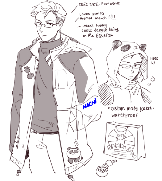 jhaksdjkads found this OC my friends and i made long time ago.... and i wanna expand it....
a stoic guy who loves panda themed merch so much. he happens to be an important figure (high status or capabilities?) that would not appear without his custom made panda jacket. 