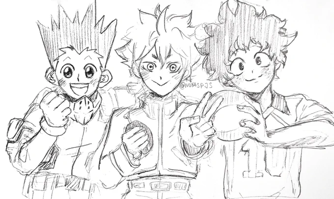 Hey #anitwt artists and art lovers, let's be art friends! ? I draw #HxH, #HQ, #MHA and more! Also enjoy my sketch of Gon, Deku and Hinata outfit swapped!! ???✨ 