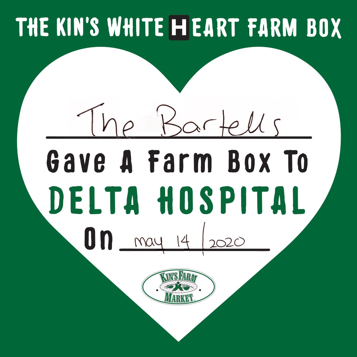 KinsFarmMarket's tweet photo. We'd like to send a HUGE thank you to The Bartells who so generously donated a #WhiteHeartFarmBox for the #healthcareworkers at #DeltaHospital! Your thoughtfulness is very much appreciated π! #KinsFarmBox #SouthDelta #CommunitySupport #KinsFarmMarket @DHCHFoundation https://t.co/fHcIhHooz2