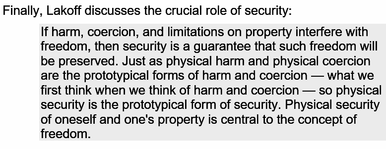 . @GeorgeLakoff discusses threats to freedom in 3 forms that I discuss (harm, coercion, or limitations on property), each *also* a contested concept, which leads to the role of *security* (as in "securing liberty"): 11/14