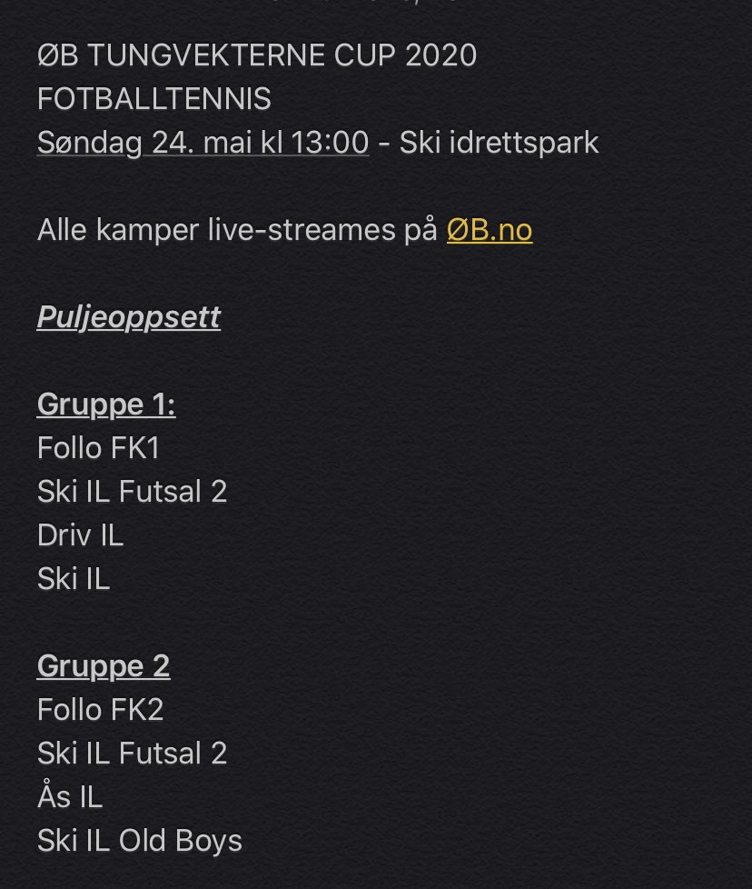 ØB <a href="/tungvekterne/">Tungvekterne</a> Cup 2020 i Fotballtennis. Søndag 24. mai kl. 13:00 i Ski idrettspark. Alle kamper live-streames på <a href="/ostlandetsblad/">Østlandets Blad</a>. Kampoppsettet ser sånn ut. Dette er toppidrett