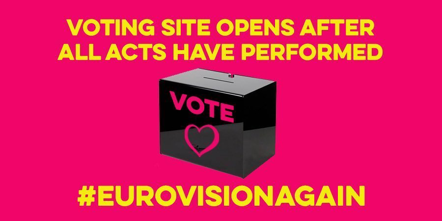  Remember: you can VOTE for your Riga 2003  #EurovisionAgain winner later on!  Voting opens once all acts have performed - keep an eye on our twitter channel, we’ll share the link after act 26  We’ll announce YOUR winner at the end of the broadcast 