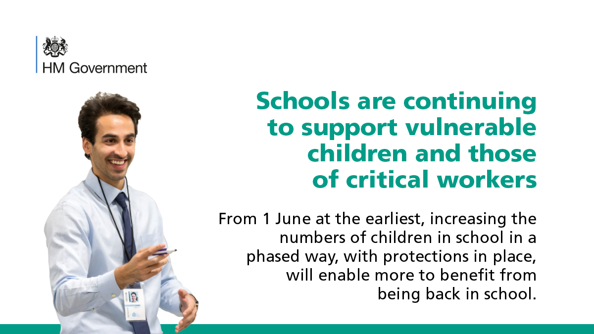 We need to take the first step towards getting children back to school.
 
More children going back will give them the chance to be with their teachers and friends again – benefitting not just their education but also their wellbeing.
 
gov.uk/government/pub…
