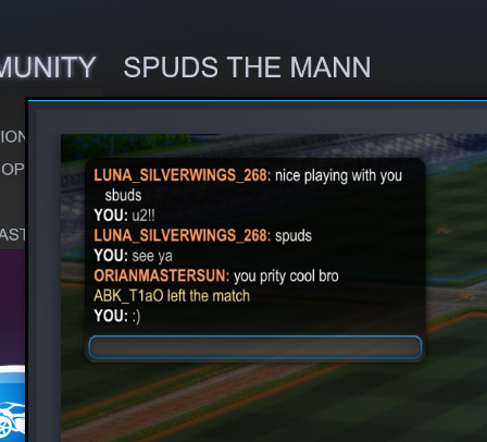 RSpudieD's tweet photo. Gamers can be mean, but sometimes, being a good sportsman is appreciated! GG Luna_Silverwings_268 and Orianmastersun! #LunaSilverwings #OrianMasterSun #RocketLeague #GamingSpuds https://t.co/dYak93ugnw