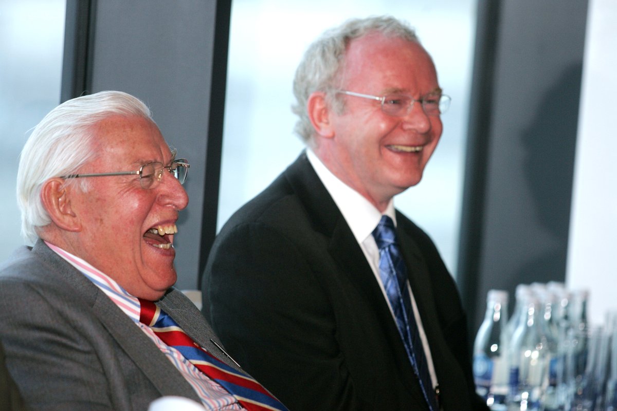 newbelfast's tweet photo. Breithlá sona duit, a Mháirtín. Am enjoying the @sinnfeinireland broadcast of the 70th birthday party. Photos from @ATownNews archive to evoke memories. Martin at Stormont 2008; with Ian Paisley; with Fr Des @molloy1916 & Fr Joe; with legendary artist #PatrickIreland #MartinAndMe https://t.co/G5eUlA0BkQ