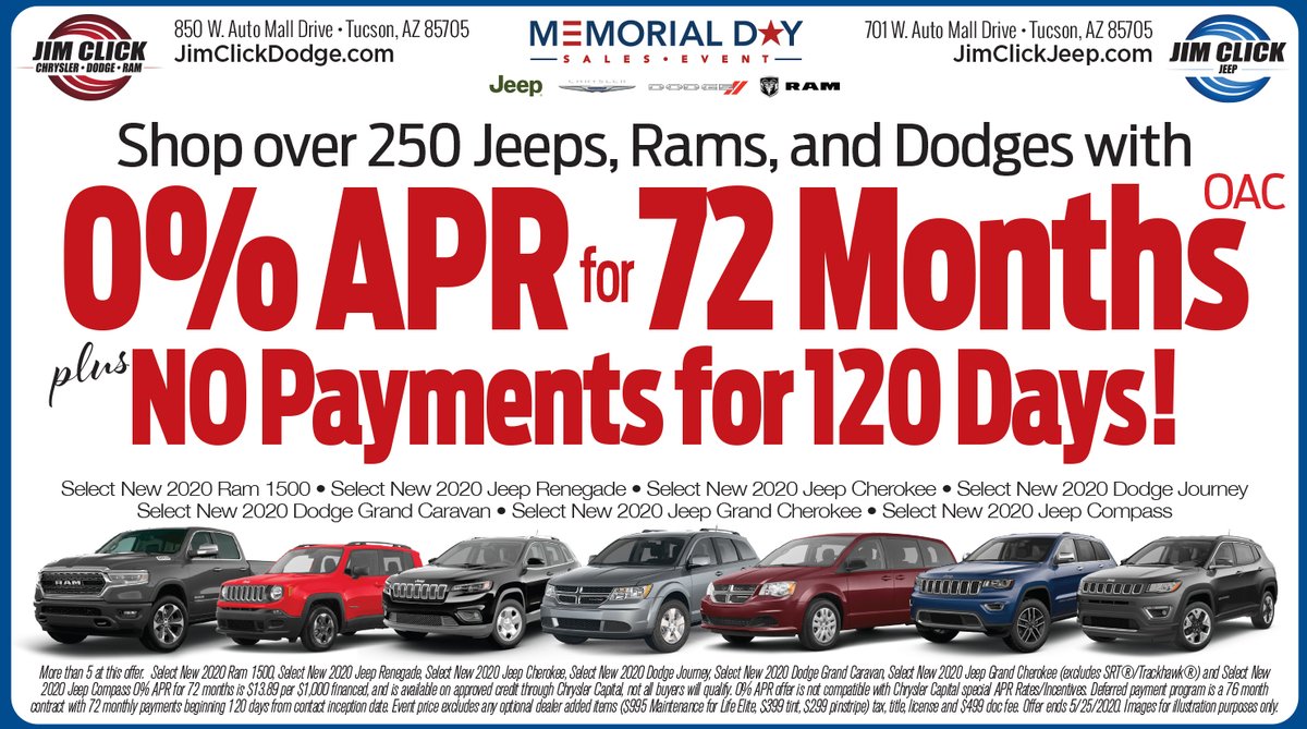 JimClickDodge's tweet photo. This Memorial Day weekend at Jim Click Chrysler Dodge Ram get:
🔥0% APR for 72 Months! PLUS
🔥No Payments For 120 Days! PLUS
🔥We Are Doubling Our Military Incentives!-
Shop online at https://t.co/hAqixZF78N �� https://t.co/sIoj7J3O2U