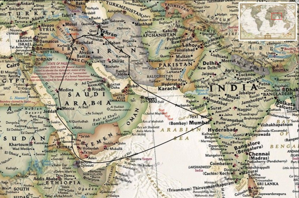 12/Not belonging to the upper class or royalty means that Aliyeh has taught herself to quickly learn new skills & use them to make money. Her hajj route has taken her to the shores of India where she & the rest of their group stayed at for ten days. Here is a map of her route: