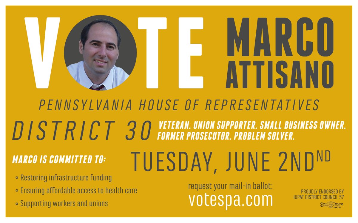 dc57iupat's tweet image. @MarcoforPA puts problem-solving over partisan politics, and that’s why we’re proud to endorse him for the PA House of Representatives District 30. Grab your mail-in ballot to vote in the June 2nd election: votespa.com