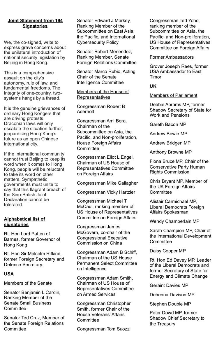 BREAKING: Almost 200 of the world's most senior Parliamentarians and politicians including <a href="/marcorubio/">Marco Rubio</a> <a href="/RepEliotEngel/">Eliot Engel</a> <a href="/davidmiliband/">David Miliband</a> <a href="/janfigel/">Jan Figel</a> <a href="/TomTugendhat/">Tom Tugendhat</a> <a href="/MPIainDS/">Iain Duncan Smith MP Chingford & Woodford Green</a> <a href="/guyverhofstadt/">Guy Verhofstadt</a> from 23 countries are speaking out for #HongKong

See full story here: hongkongwatch.org/all-posts/2020…