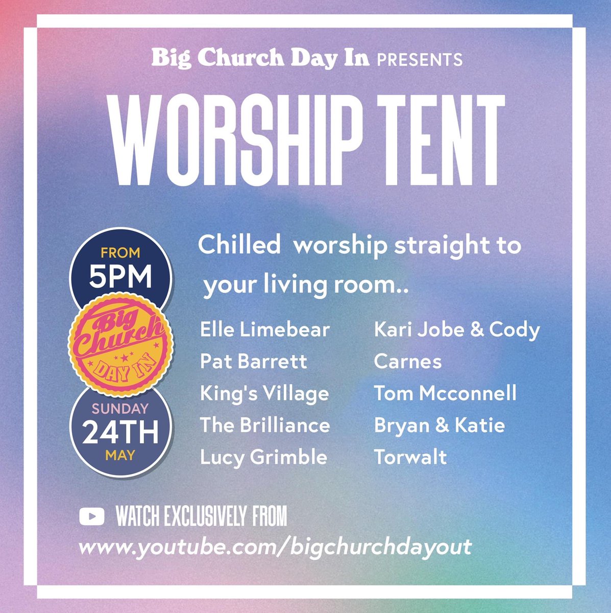 MCE_Updates's tweet photo. BIG CHURCH DAY OUT was sadly cancelled.. no worries we still have BIG CHURCH DAY IN‼️

Join online all day tomorrow on YouTube with your favourite Christian artists - ALL ages welcome

#bigchurchdayin #mychurchevents #familyworship #christianmusic #christianartists #worshiponline https://t.co/Cwps9w3Cua