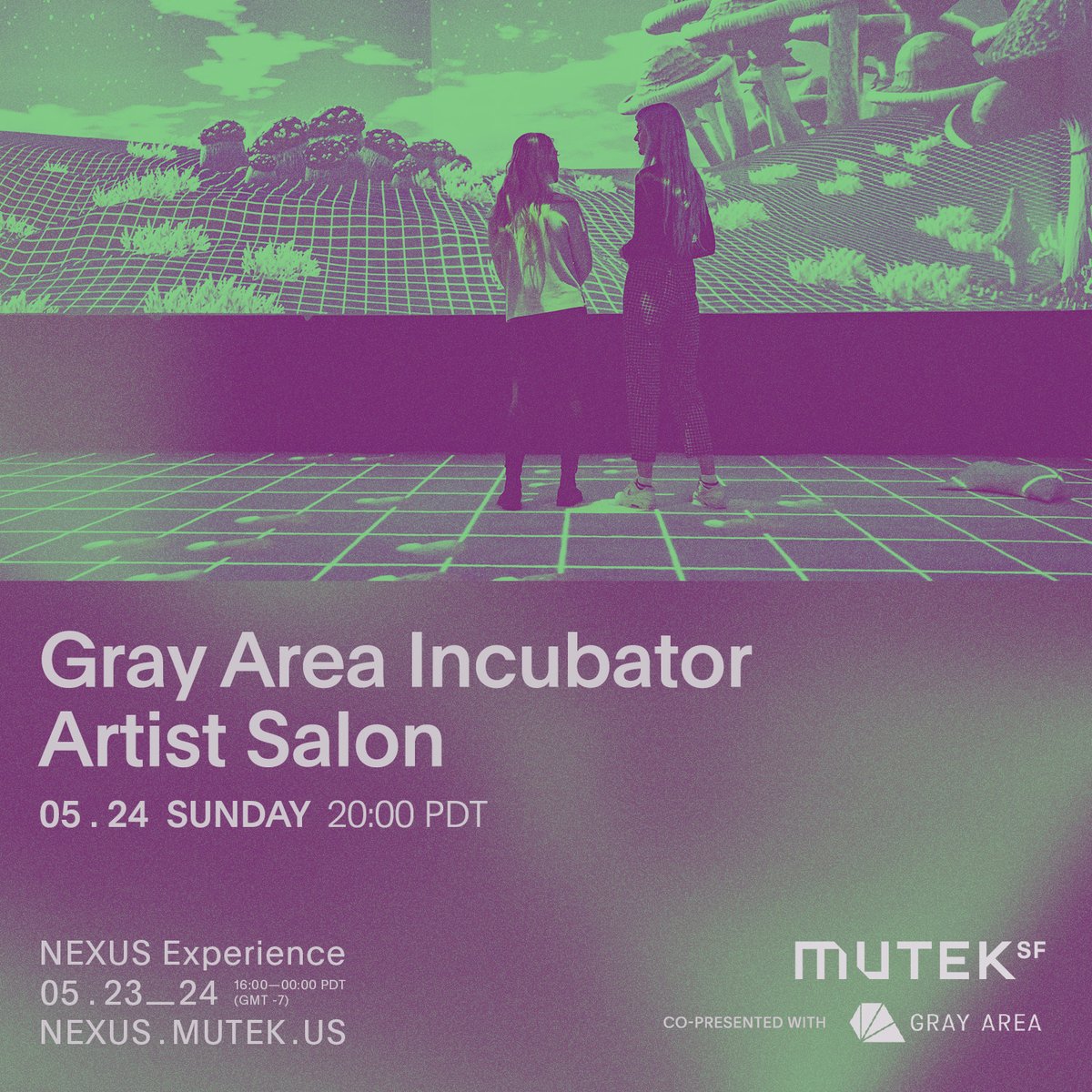 Excited to partner with our friends at <a href="/MUTEKSF/">MUTEK San Francisco</a> <a href="/MUTEK_Montreal/">MUTEK Montréal</a> to spotlight Gray Area artists at NEXUS Experience this weekend! nexus.mutek.us
🔹 Saturday 6pm PST: 
Open Music Production w <a href="/TaravalMusic/">Taraval</a>
🔹 Sunday 8pm PST: 
Artist Salon w Gray Area Incubator Artists