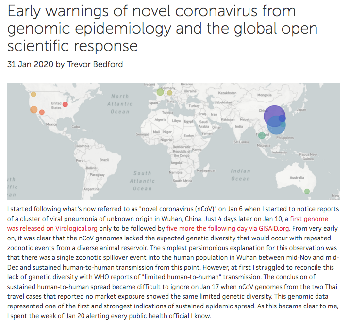 Virologist  @trvrb in Seattle whose Jan post was like a bomb: "This genomic data represented one of the 1st...indications of sustained epidemic spread. As this became clear to me, I spent the week of Jan 20 alerting every public health official"  #viraltime https://bedford.io/blog/genomic-epi-for-ncov-response/