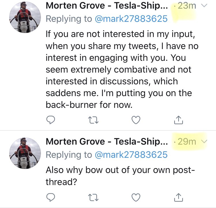 Look at this tweet storm within minutes, wonder who is triggered  I’m also really sorry, that I didn’t know I HAVE be on the call and answer tweets instantly,  @mortenlund89. Hope you can forgive me, promise to do better next time.  $TSLA  $TSLAQ  https://twitter.com/mortenlund89/status/1264270665470836737