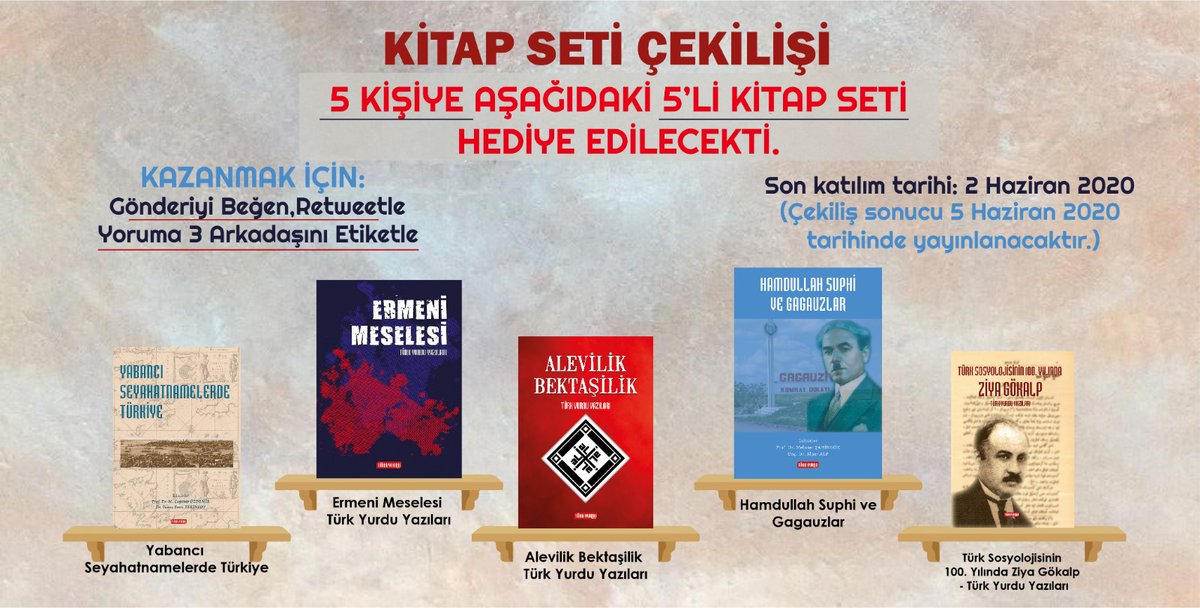 ⚡⚡Kitap Seti Çekilişi⚡⚡

Türk Yurdu Dergisi olarak kitap seti hediye ediyoruz. Kazanan 5 kişiye aşağıdaki 5 kitap hediye. 

Katılmak için:
1️⃣ Gönderiyi beğen
2️⃣ Retweetle
3️⃣ Yoruma 3 arkadaşını ekle

Son katılım: 2 Haziran 2020
Çekiliş sonucu 5 Haziran'da açıklanacaktır.