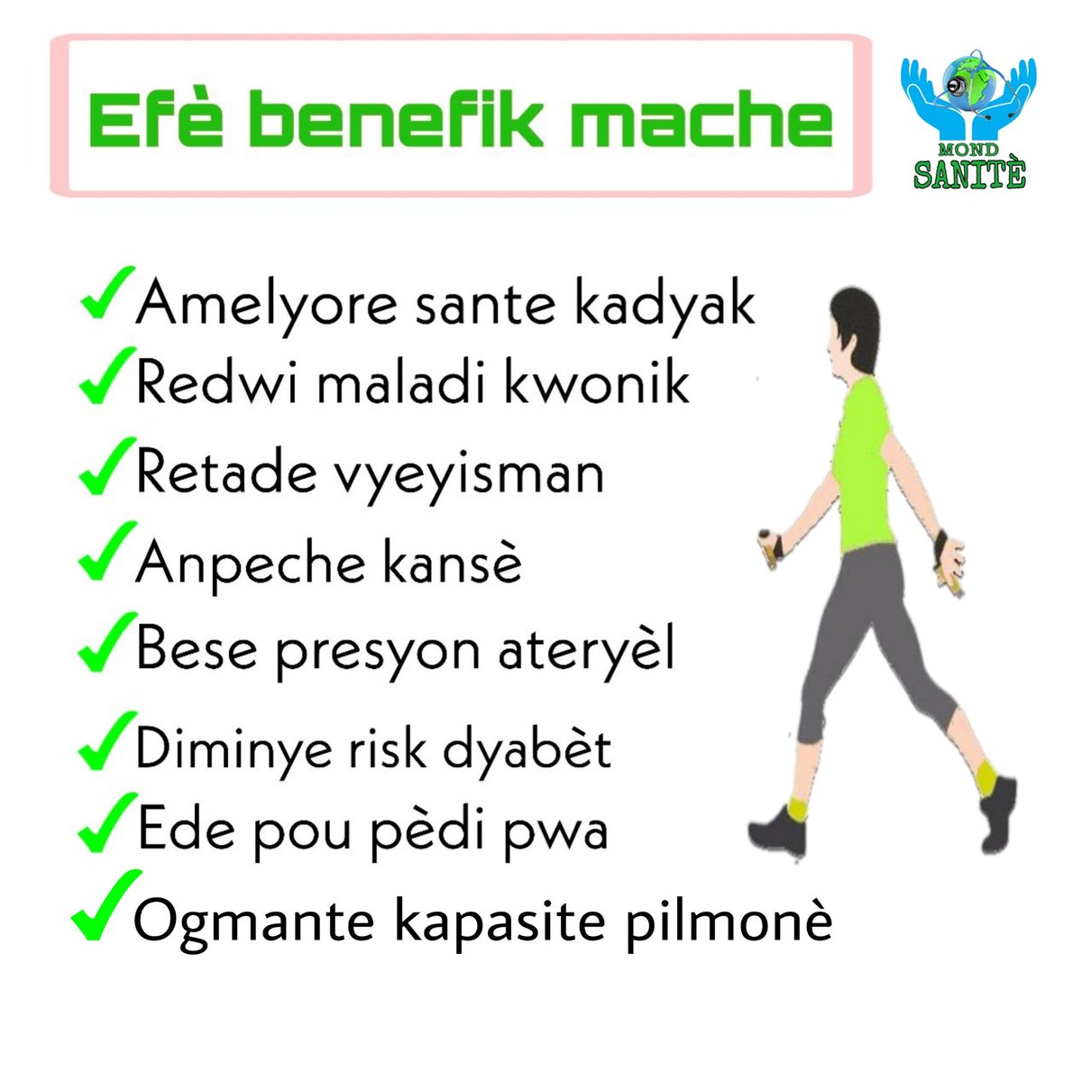 MondSanite's tweet photo. Aprann konnen tout byenfè ki gen lèw mache e kòman pouw maximize
byenfè ki gen nan sa:
Visez les15000 pas par jour
#Accélérez votre rythme de marche
#Optez pour des parcours en pente
#Répartissez votre effort sur la journée https://t.co/ICxbN2Pmuj